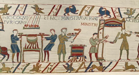 Normandische koks bereiden een feestmaal voor Willem, Tapijt van Bayeux